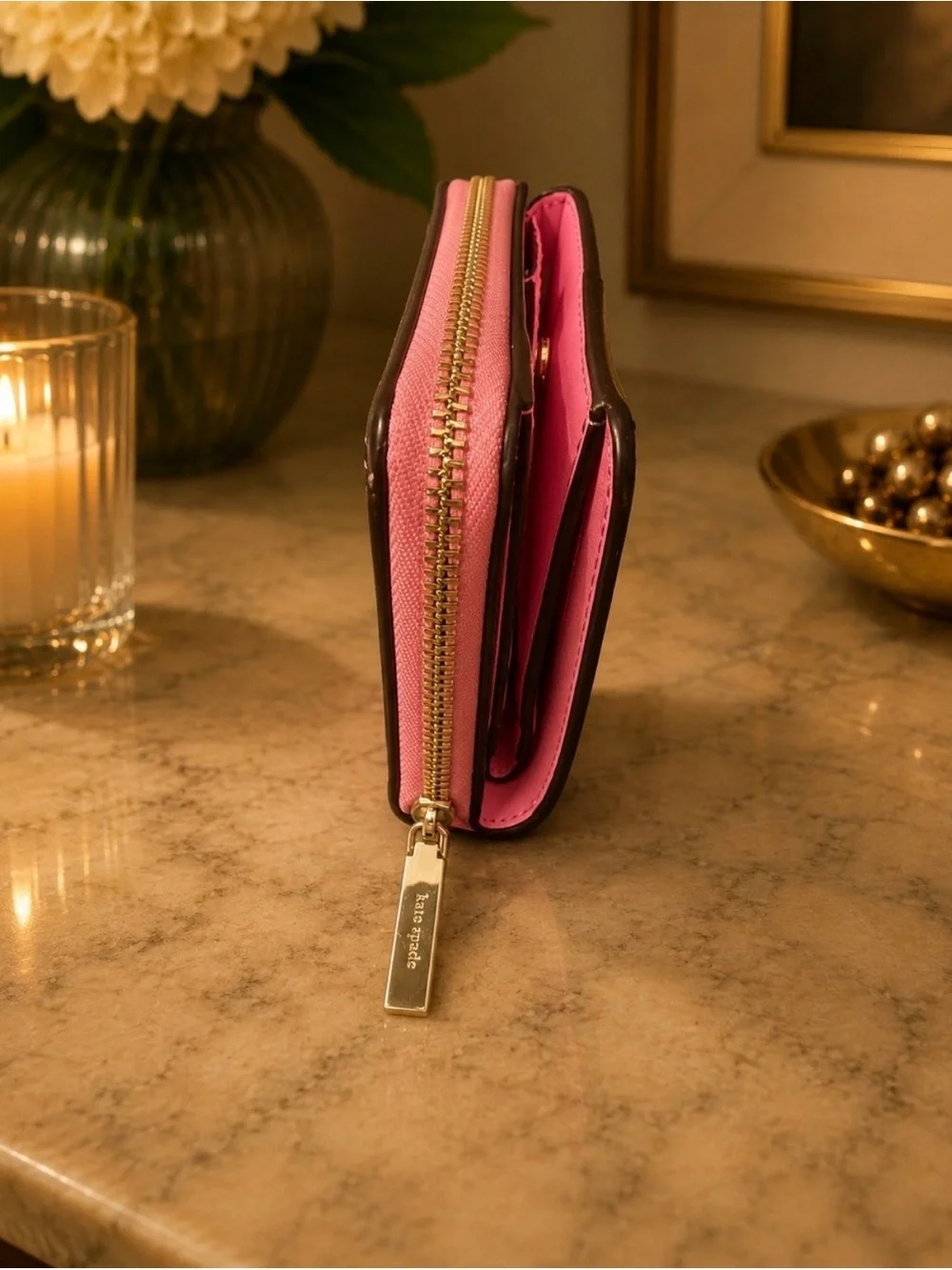 Kate Spade Pink Saffiano Bifold Zip Wallet with Gold Accents
